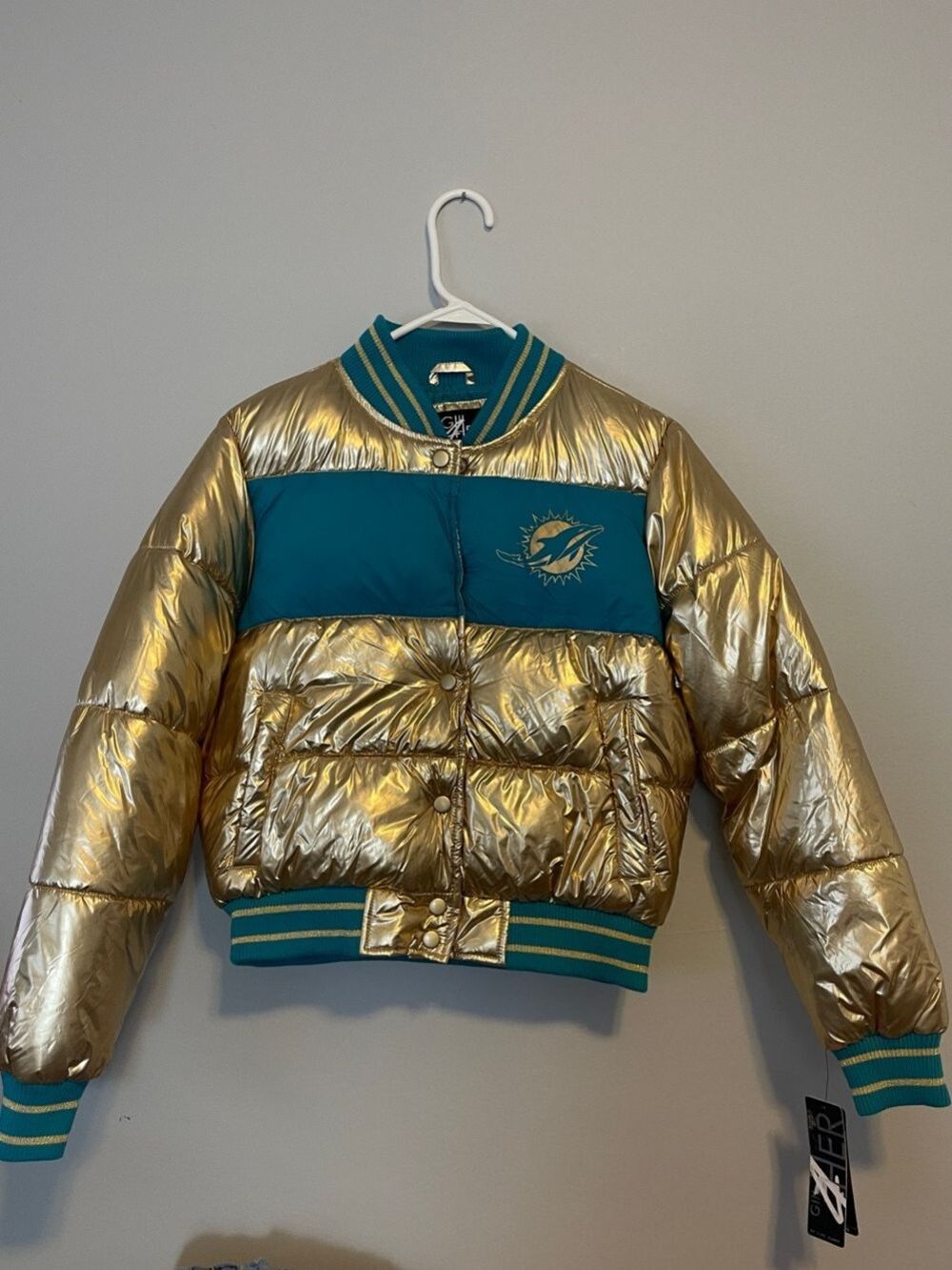 NWT NFL Miami Dolphins Gold & Teal Puffer Jacket Size Small